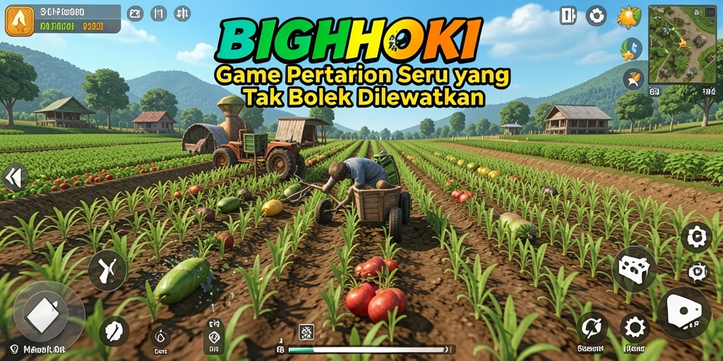 Gameplay BIGHOKI yang menyenangkan dengan ladang subur dan hewan lucu.