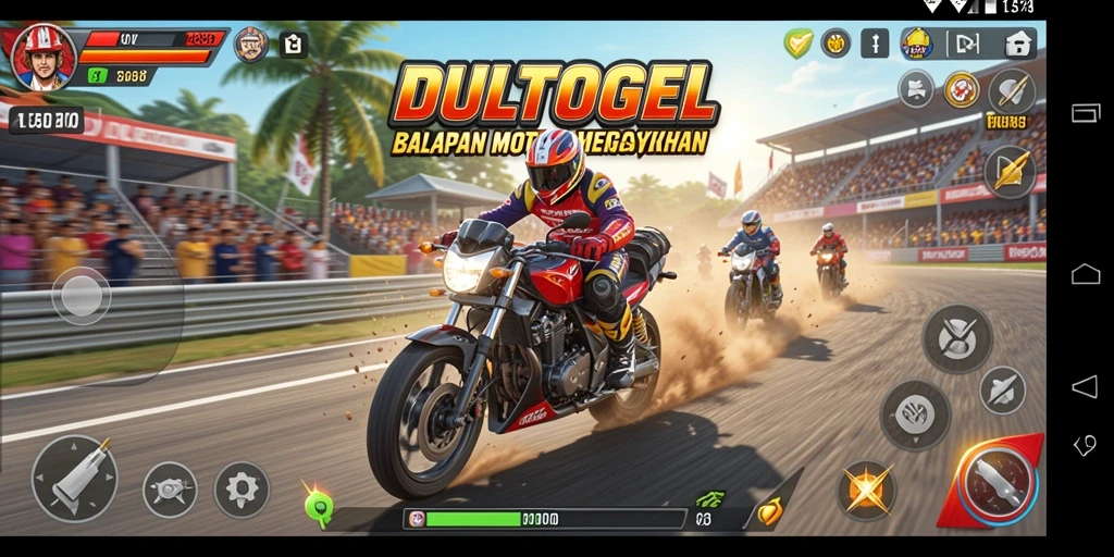 Tampilan gameplay DULTOGEL dengan balapan motor yang seru dan menegangkan.