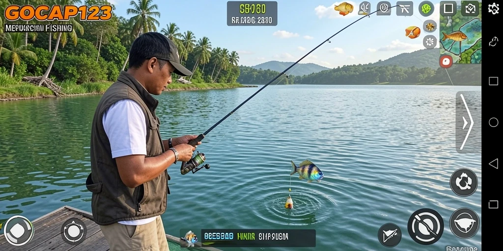 Screenshot GOCAP123 menunjukkan momen seru saat menangkap ikan di danau.