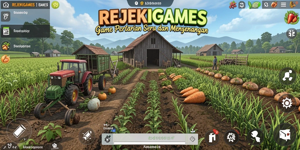 Screenshot gameplay REJEKIGAMES menampilkan kebun yang indah dan tanaman yang subur.