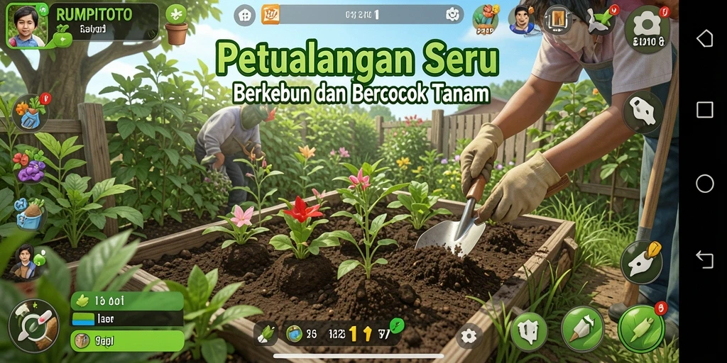 Screenshot gameplay RUMPITOTO saat berkebun dan merawat tanaman.